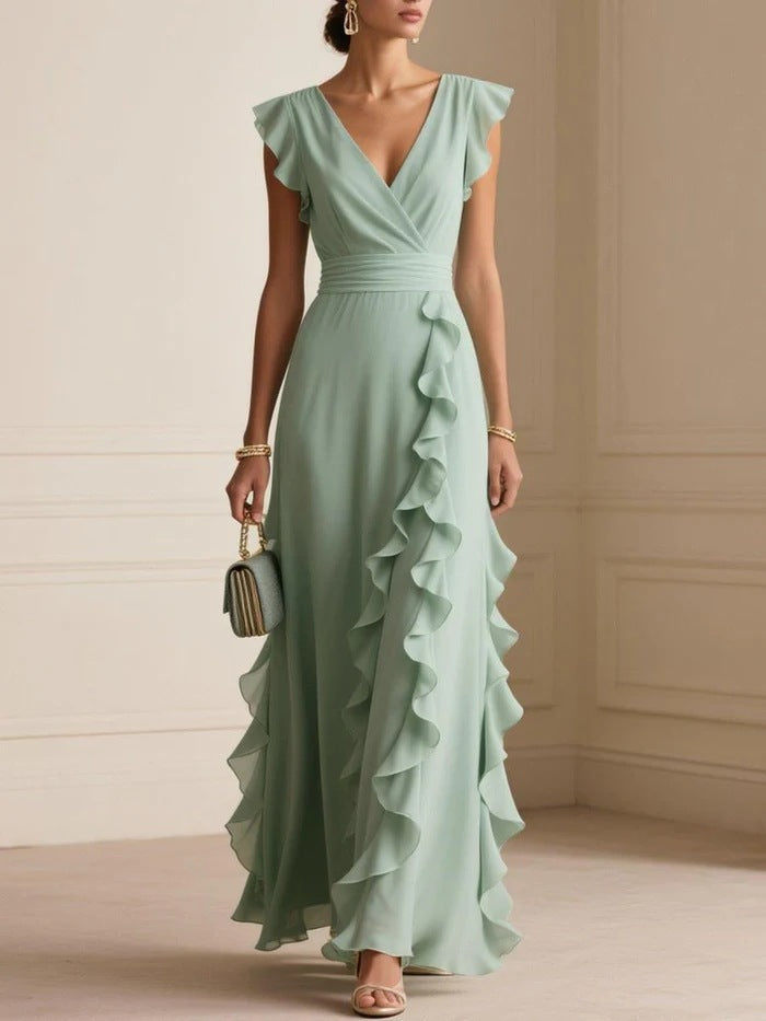 Pure Color Pleated V Neck Maxi Summer Dress - Green