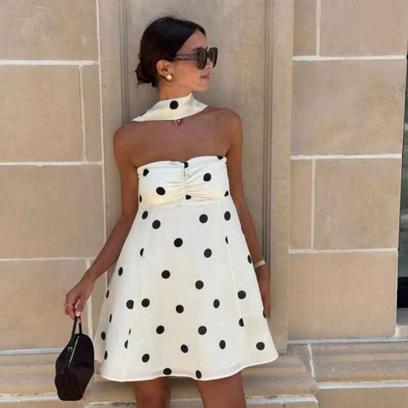 Elegant Mini Dress - Polka Dot Strapless with Scarf