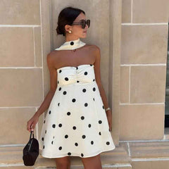 Elegant Mini Dress - Polka Dot Strapless with Scarf