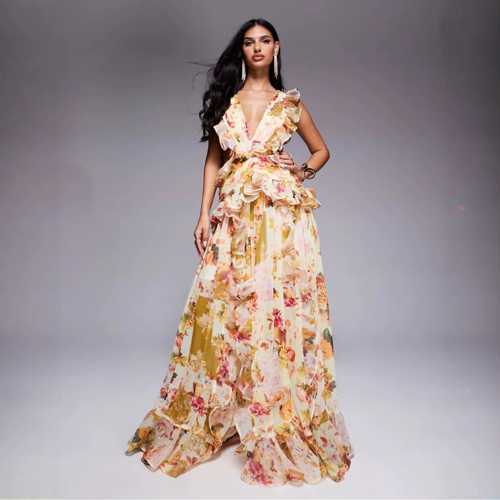 Plunge Ruched Floral Maxi Wedding Guest Dress - Patchwork