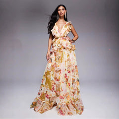 Plunge Ruched Floral Maxi Wedding Guest Dress - Patchwork