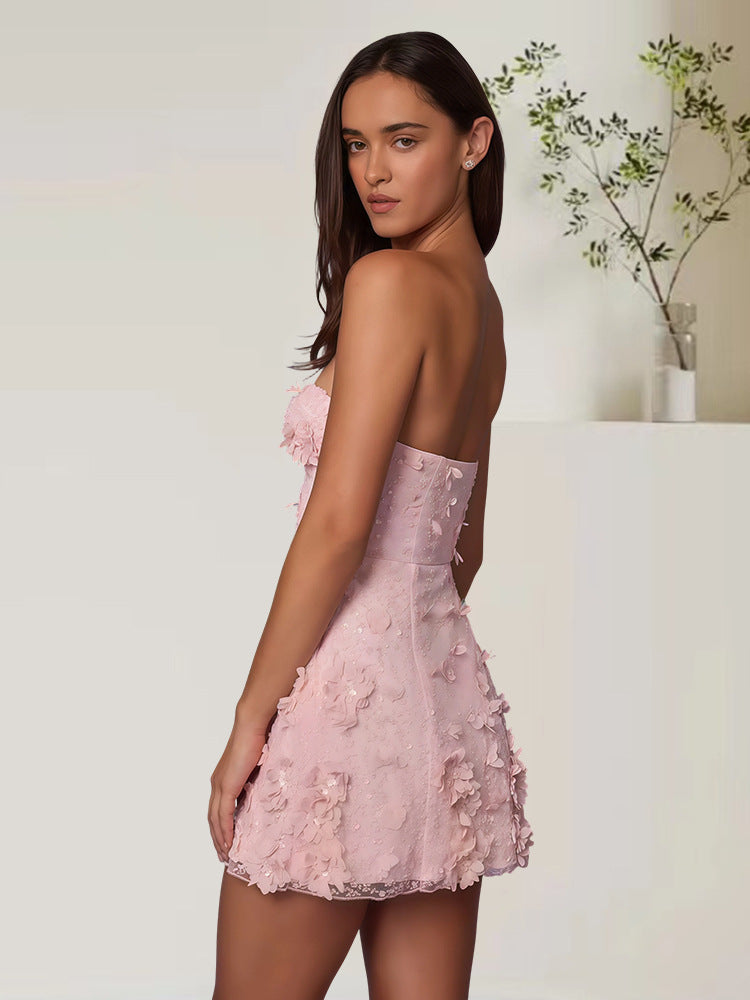 Exquisite Floral Embroider Strapless Mini Party Dress