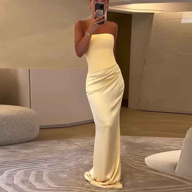 Strapless Satin Maxi Dress - Elegant Draped