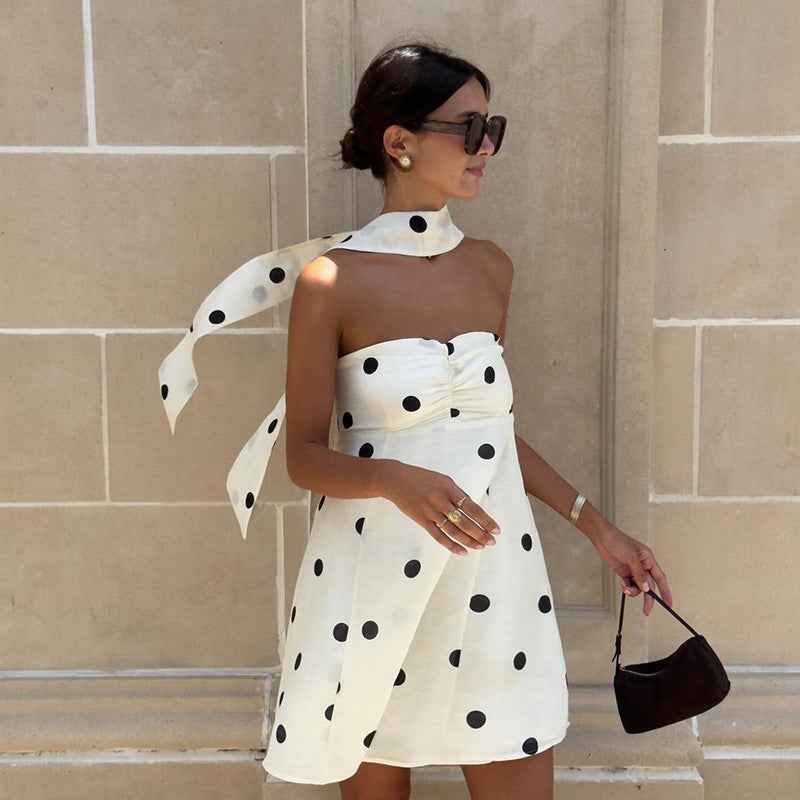 Elegant Mini Dress - Polka Dot Strapless with Scarf