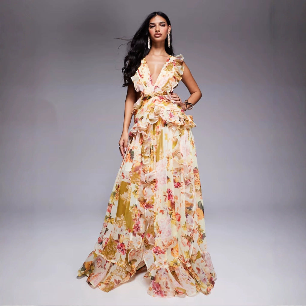 Plunge Ruched Floral Maxi Wedding Guest Dress - Patchwork