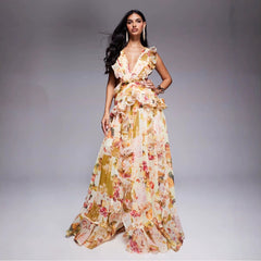 Plunge Ruched Floral Maxi Wedding Guest Dress - Patchwork