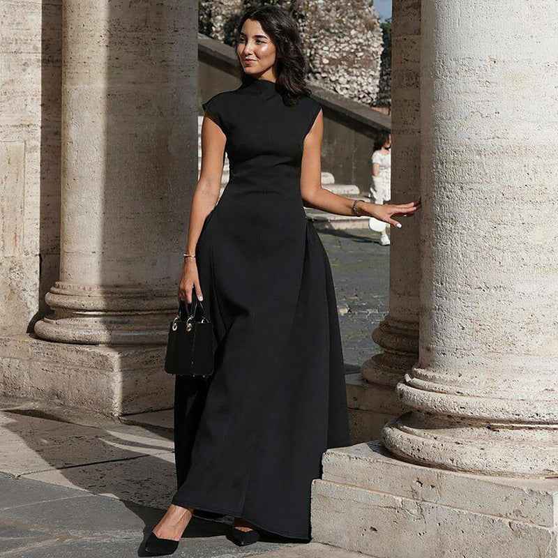 Elegant Sleeveless Midi Dress - Solid Color Waist-Cinching