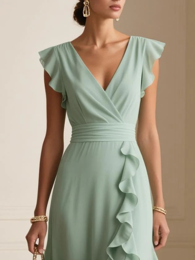 Pure Color Pleated V Neck Maxi Summer Dress - Green