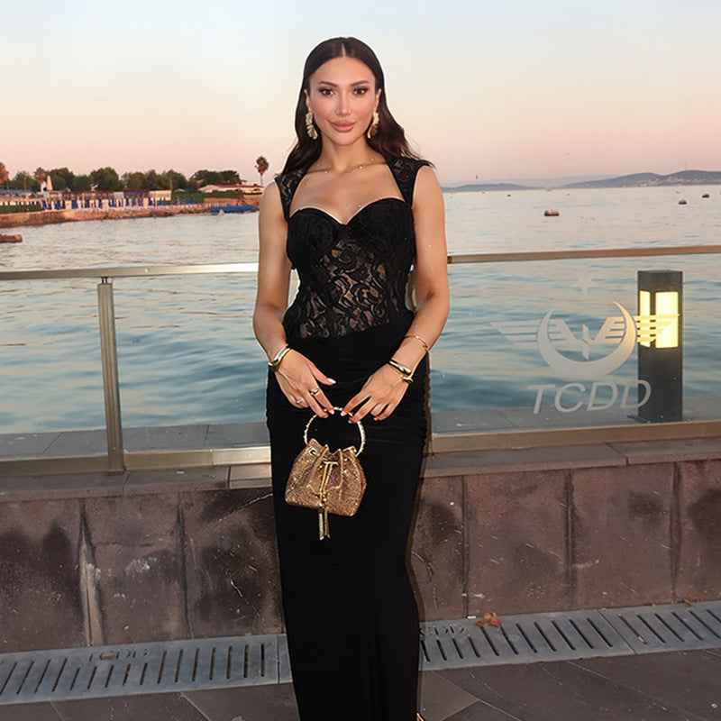 Ele Maxi Dress - Black Lace Patchwork