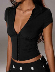 V-Neck Slim Crop Top - Black Buttoned