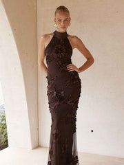 Elegant Embroidered Midi Dress - Black Lace-Up Backless