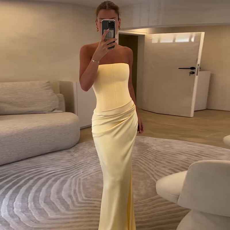 Strapless Satin Maxi Dress - Elegant Draped