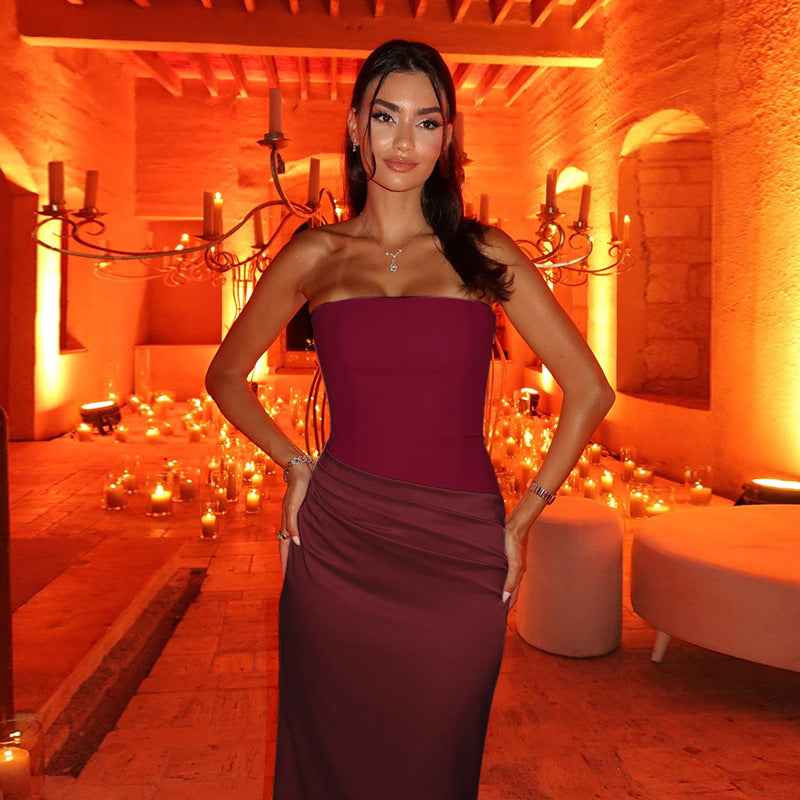 Elegant Strapless Draped Satin Maxi Dress