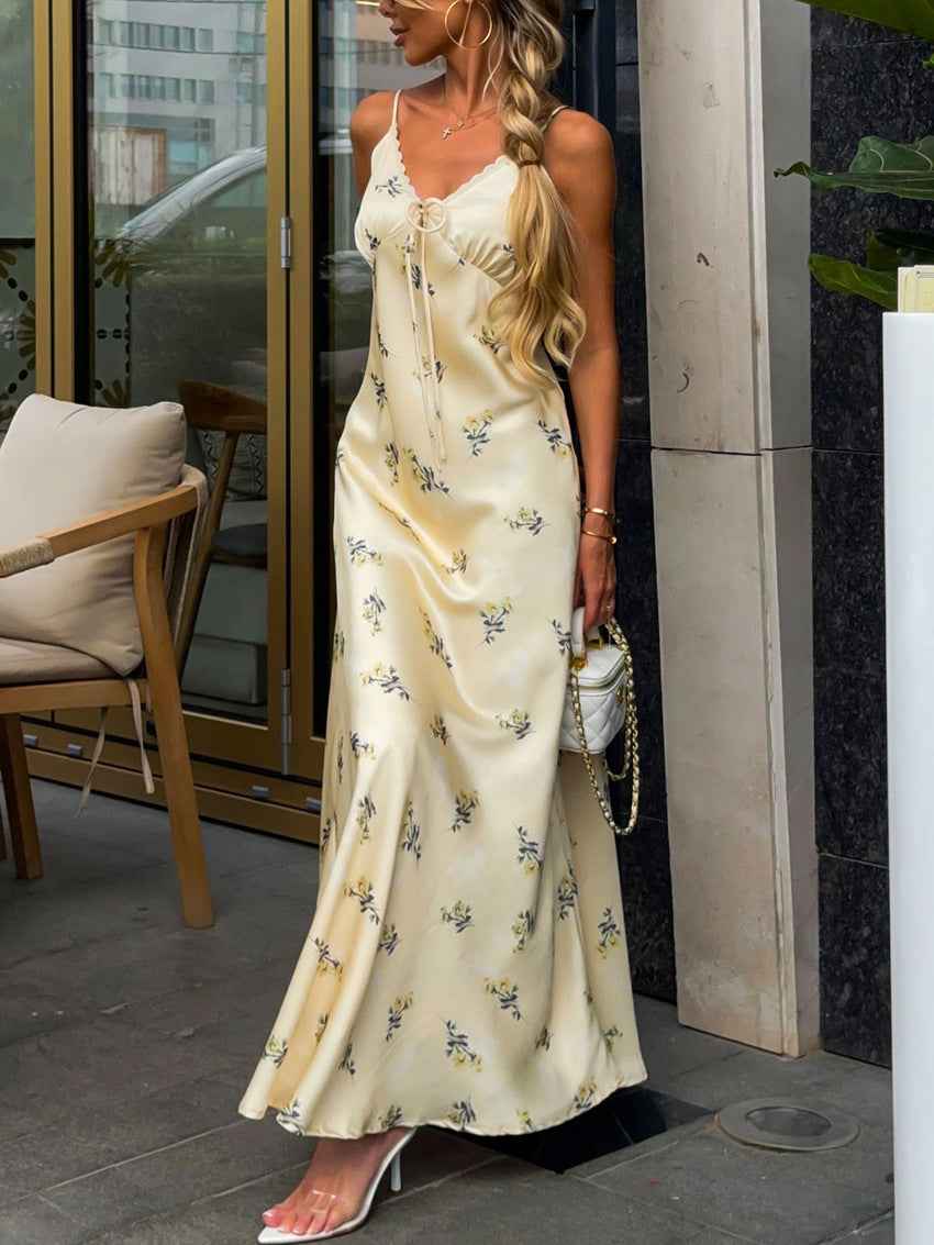 Floral Suspender Maxi Dress - Elegant Cross-Border