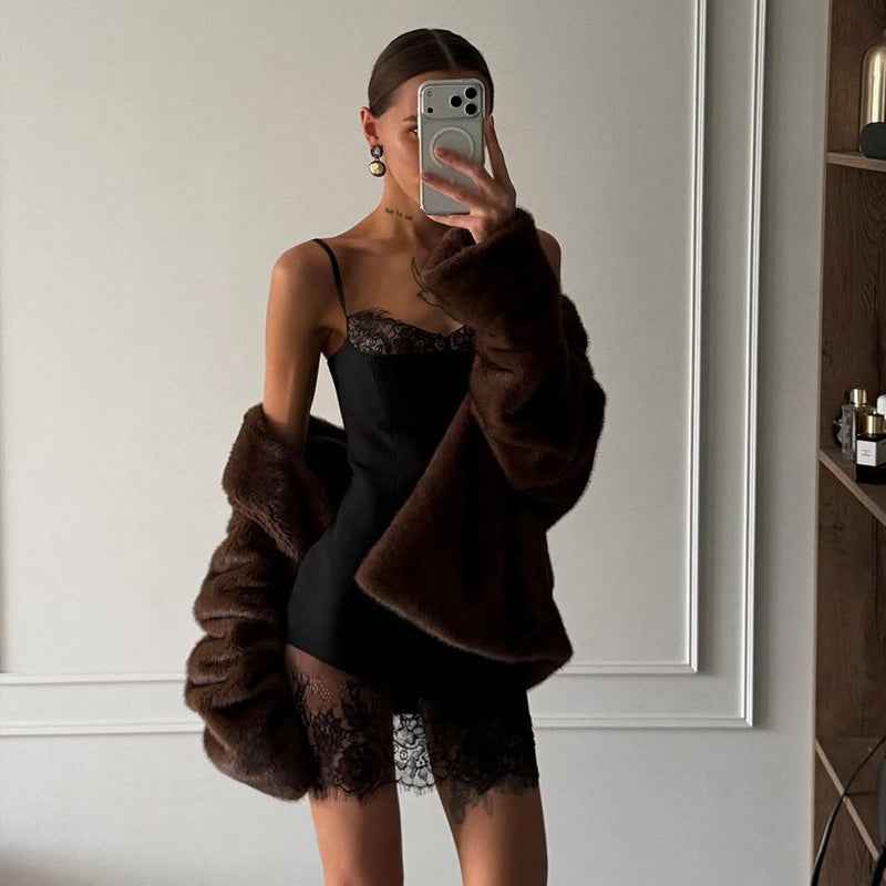 Solid Color Lace Trim Mini Dress - Black
