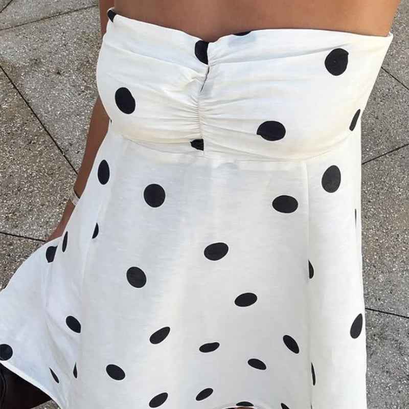 Elegant Mini Dress - Polka Dot Strapless with Scarf