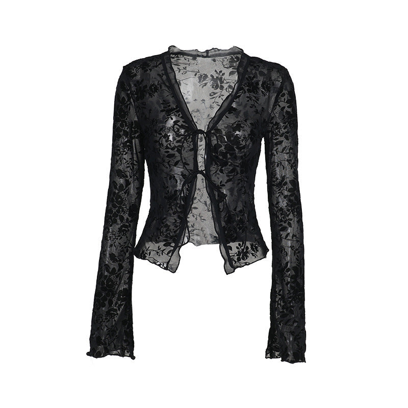 Chiffon ruffled trumpet sleeve casual fitted top - Black