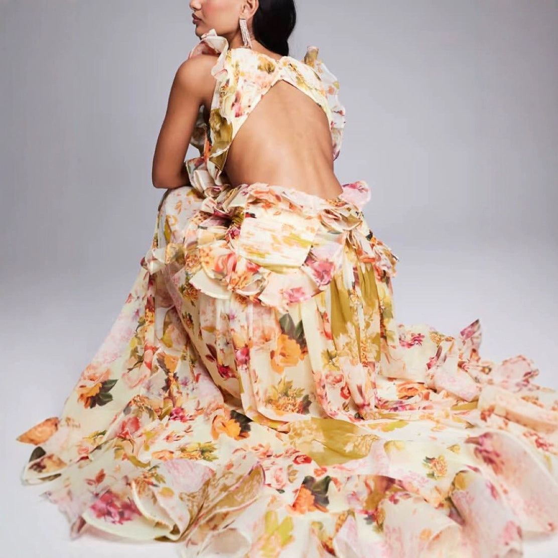 Plunge Ruched Floral Maxi Wedding Guest Dress - Patchwork