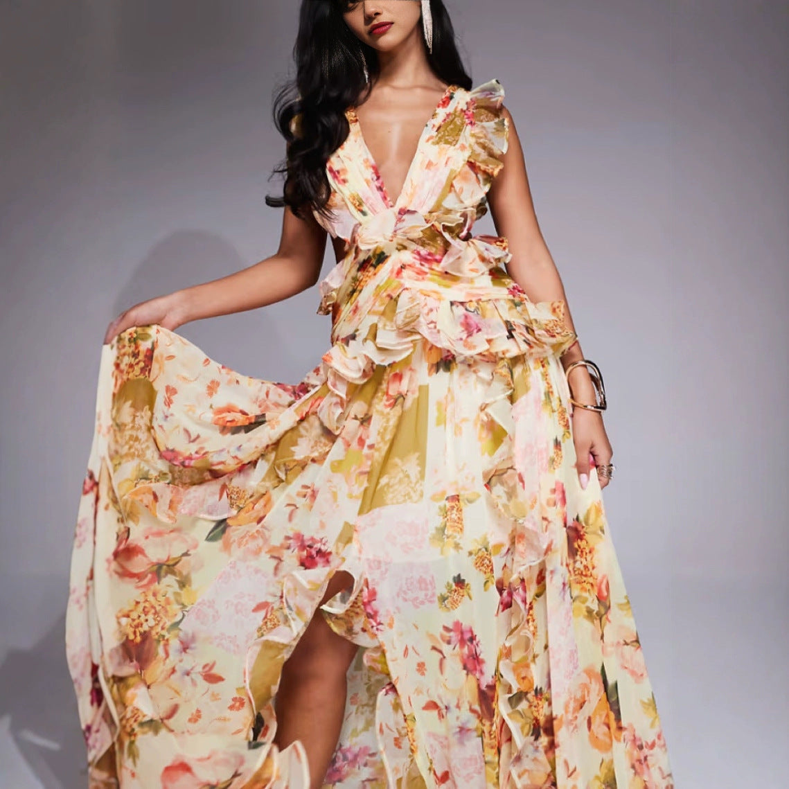 Plunge Ruched Floral Maxi Wedding Guest Dress - Patchwork