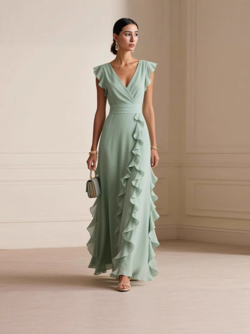 Pure Color Pleated V Neck Maxi Summer Dress - Green