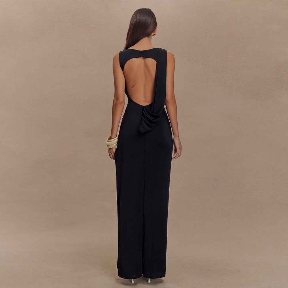 Sener Maxi Dress - Black Backless Split