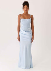 Peasella Maxi Dress - Blue Satin Draped