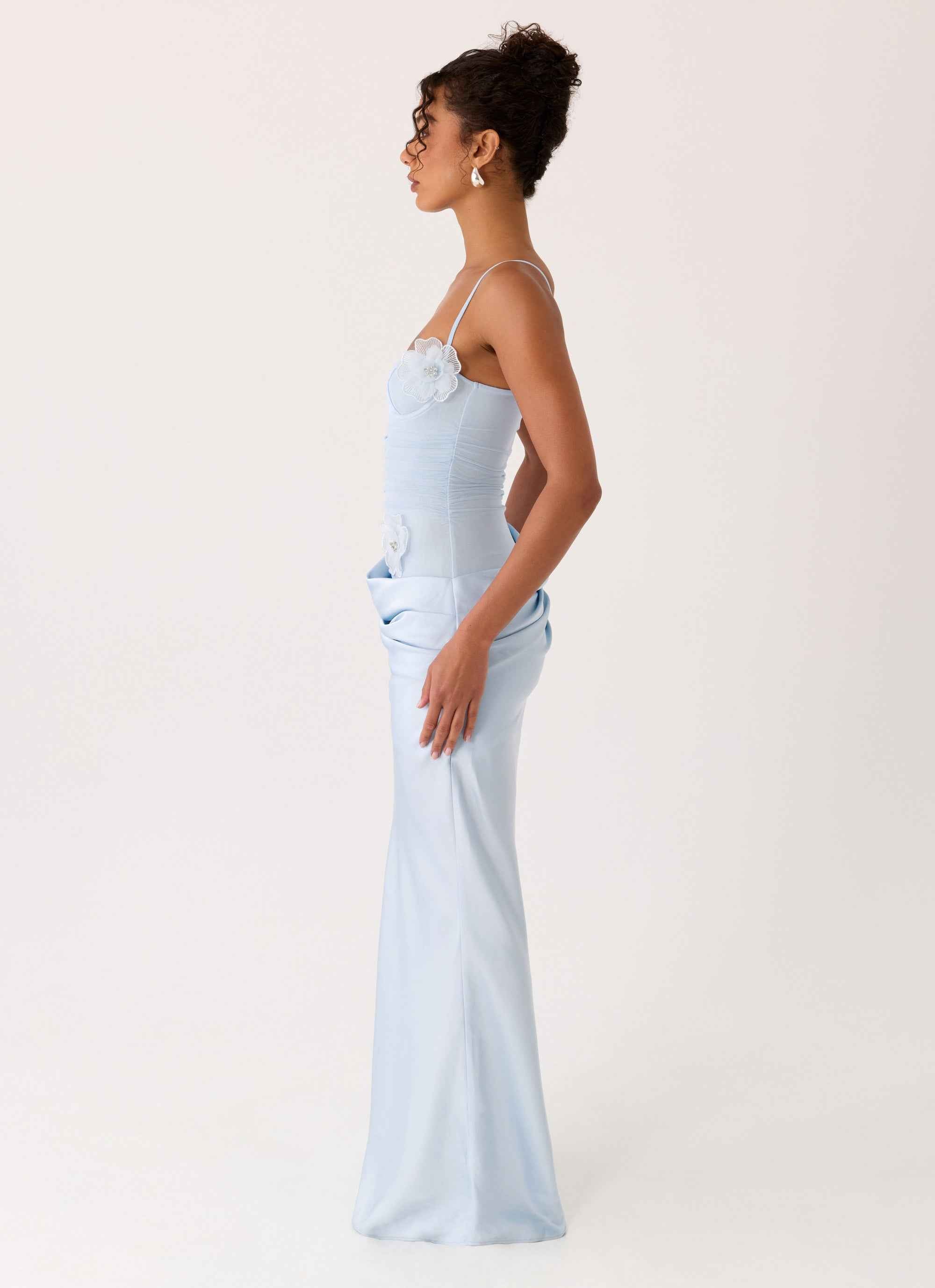 Peasella Maxi Dress - Blue Satin Draped