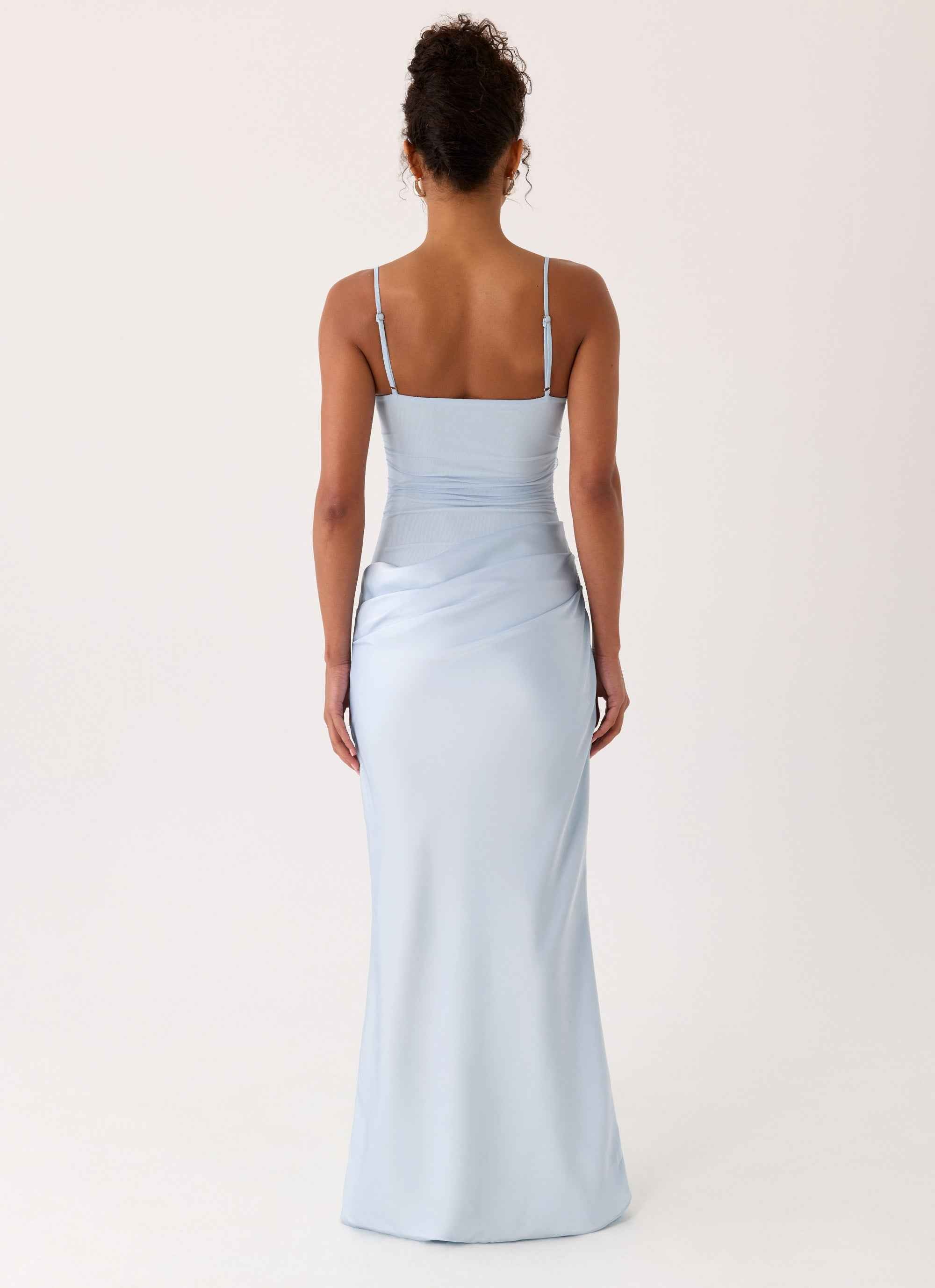 Peasella Maxi Dress - Blue Satin Draped