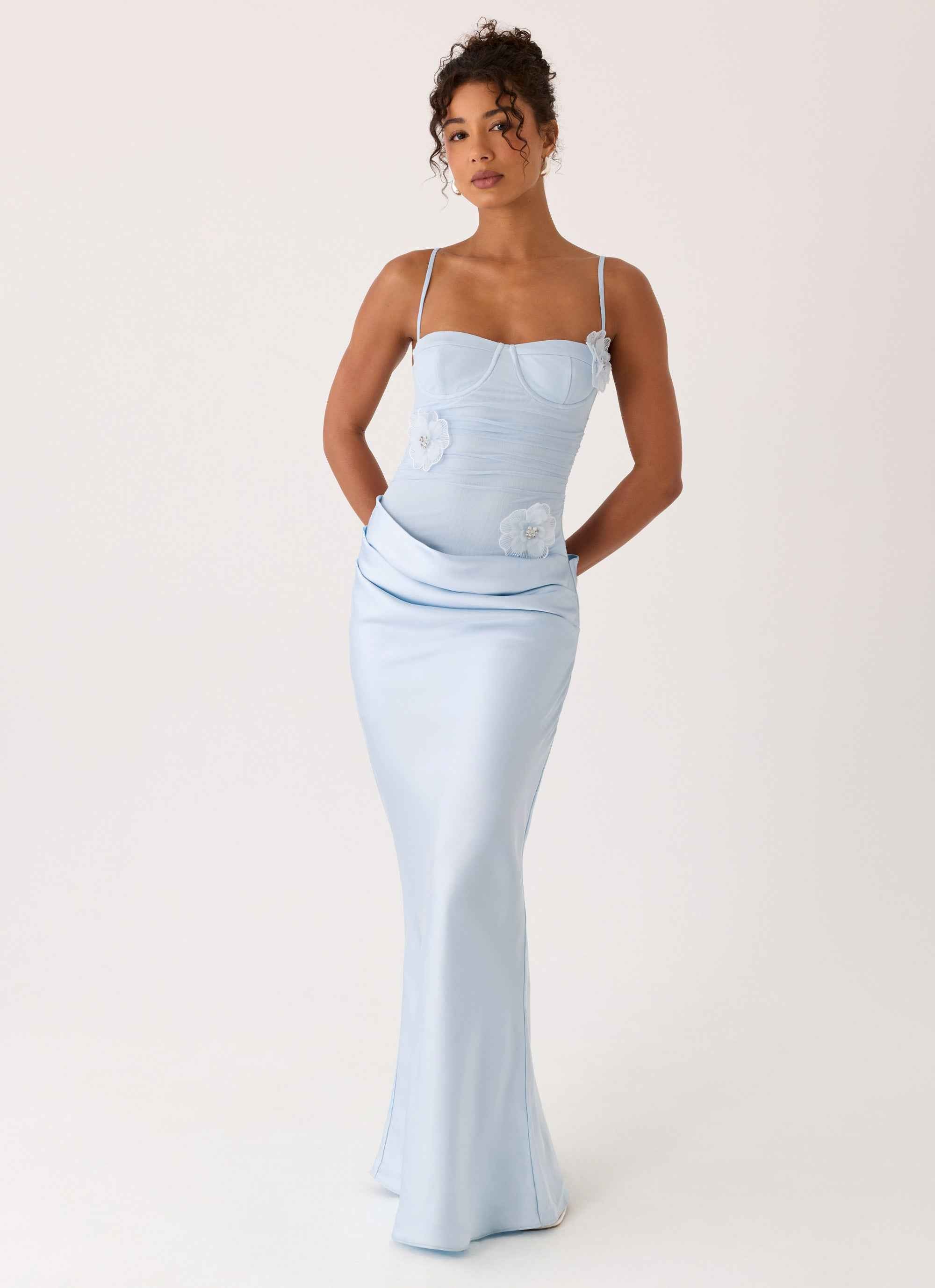 Peasella Maxi Dress - Blue Satin Draped