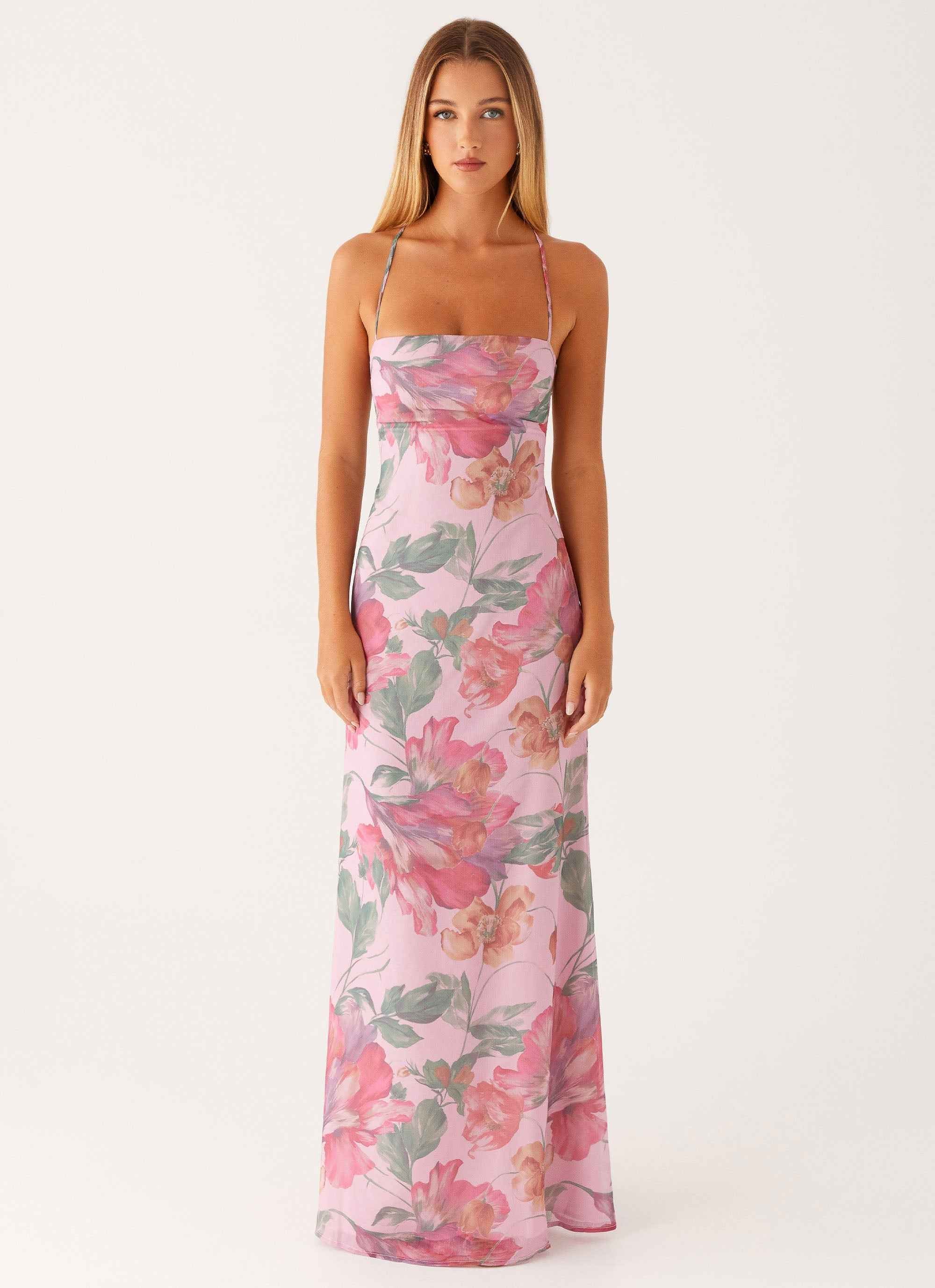 Peggy Maxi Dress - Pink Floral Criss-Cross Straps