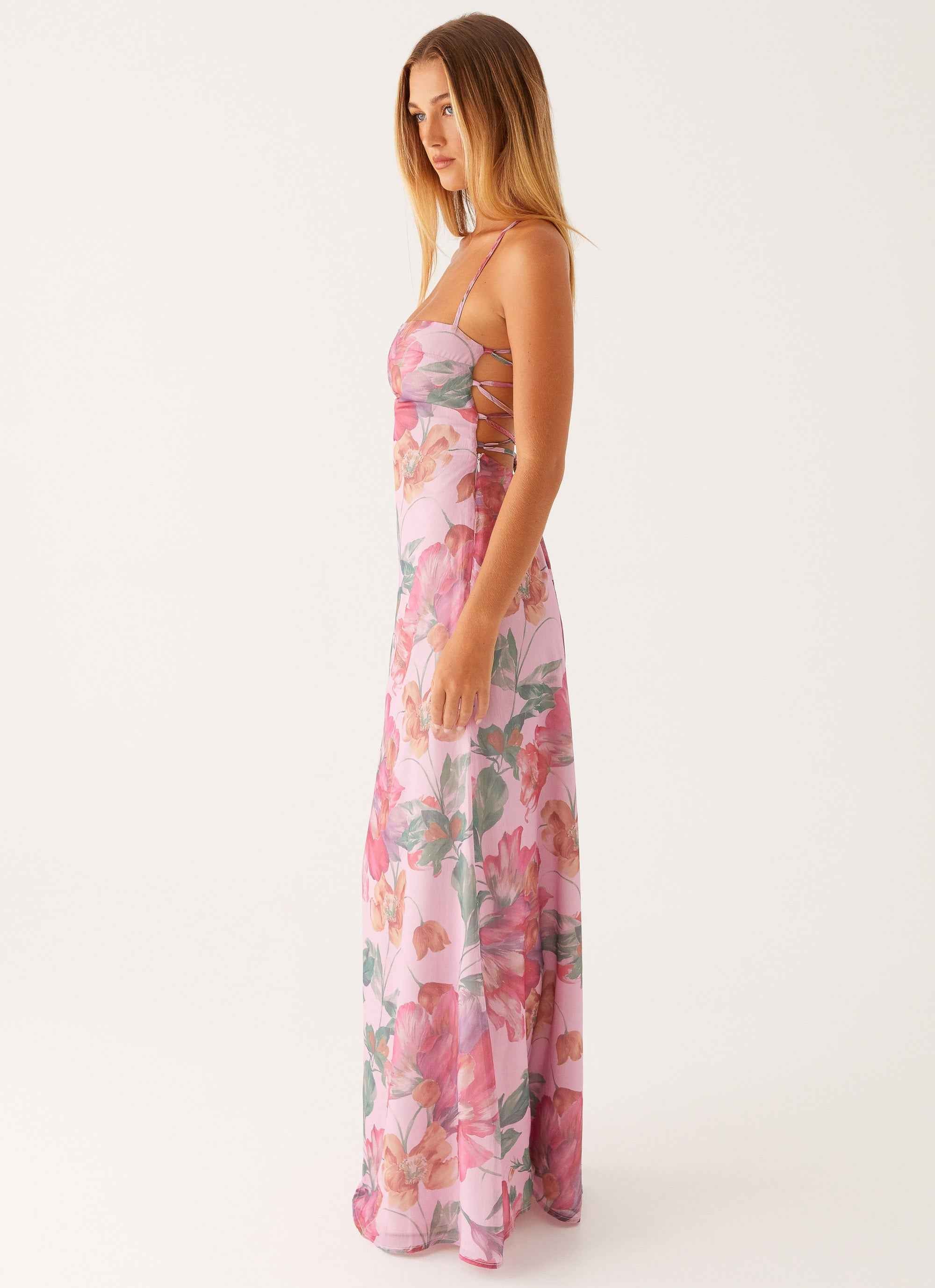 Peggy Maxi Dress - Pink Floral Criss-Cross Straps