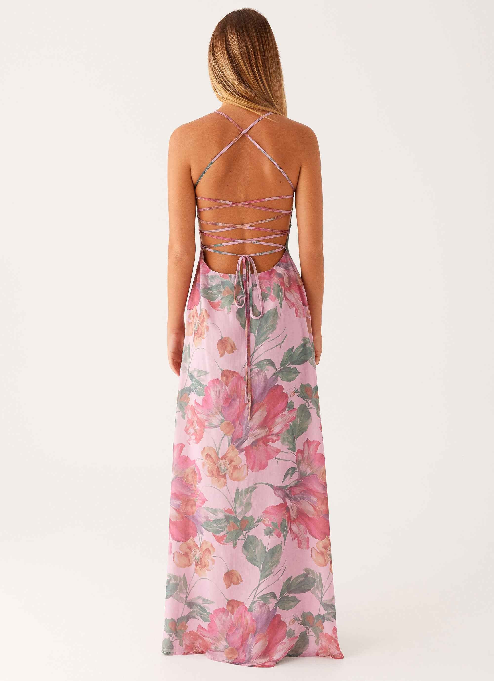 Peggy Maxi Dress - Pink Floral Criss-Cross Straps
