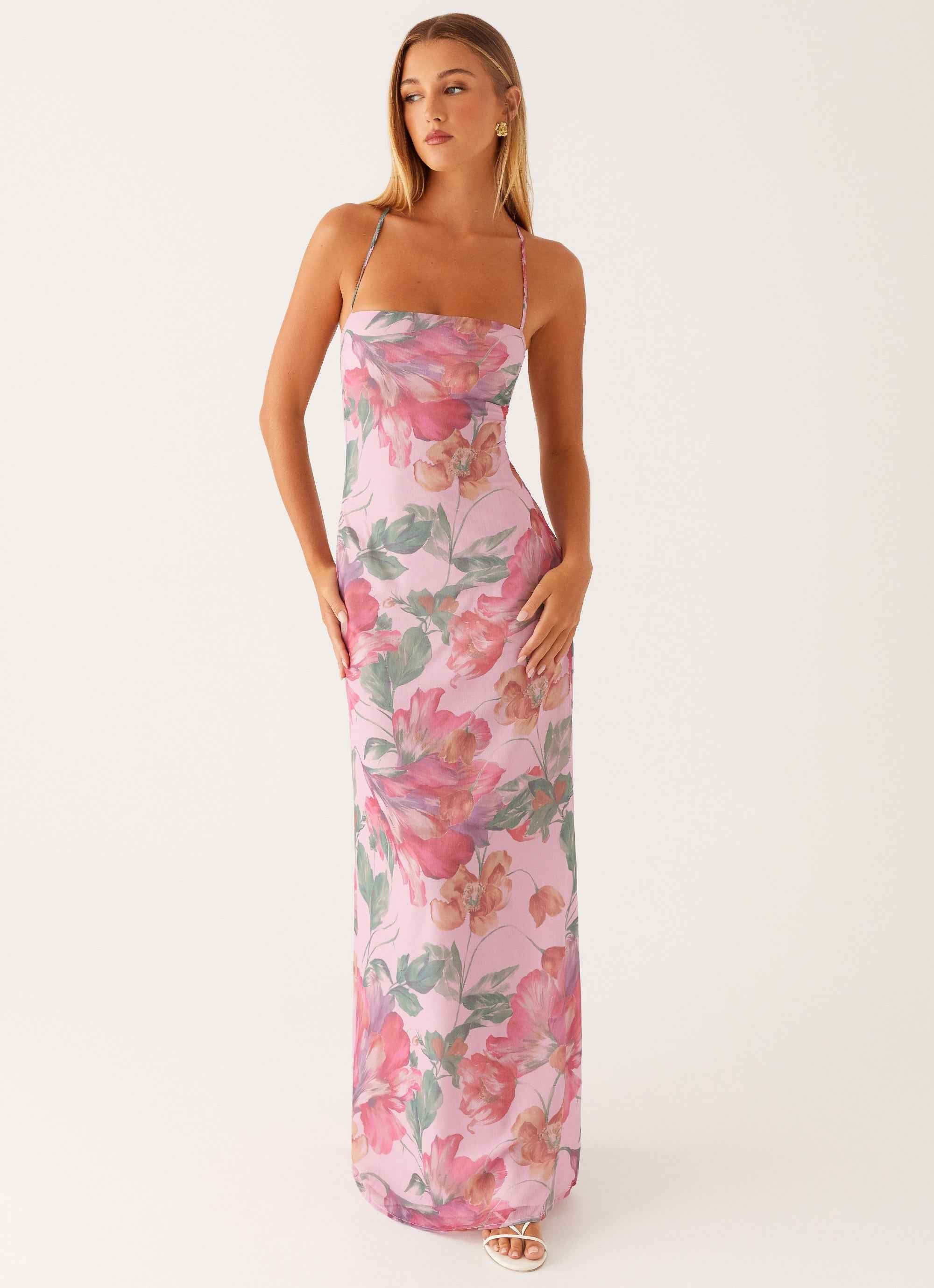 Peggy Maxi Dress - Pink Floral Criss-Cross Straps