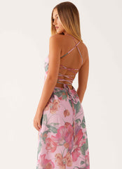 Peggy Maxi Dress - Pink Floral Criss-Cross Straps