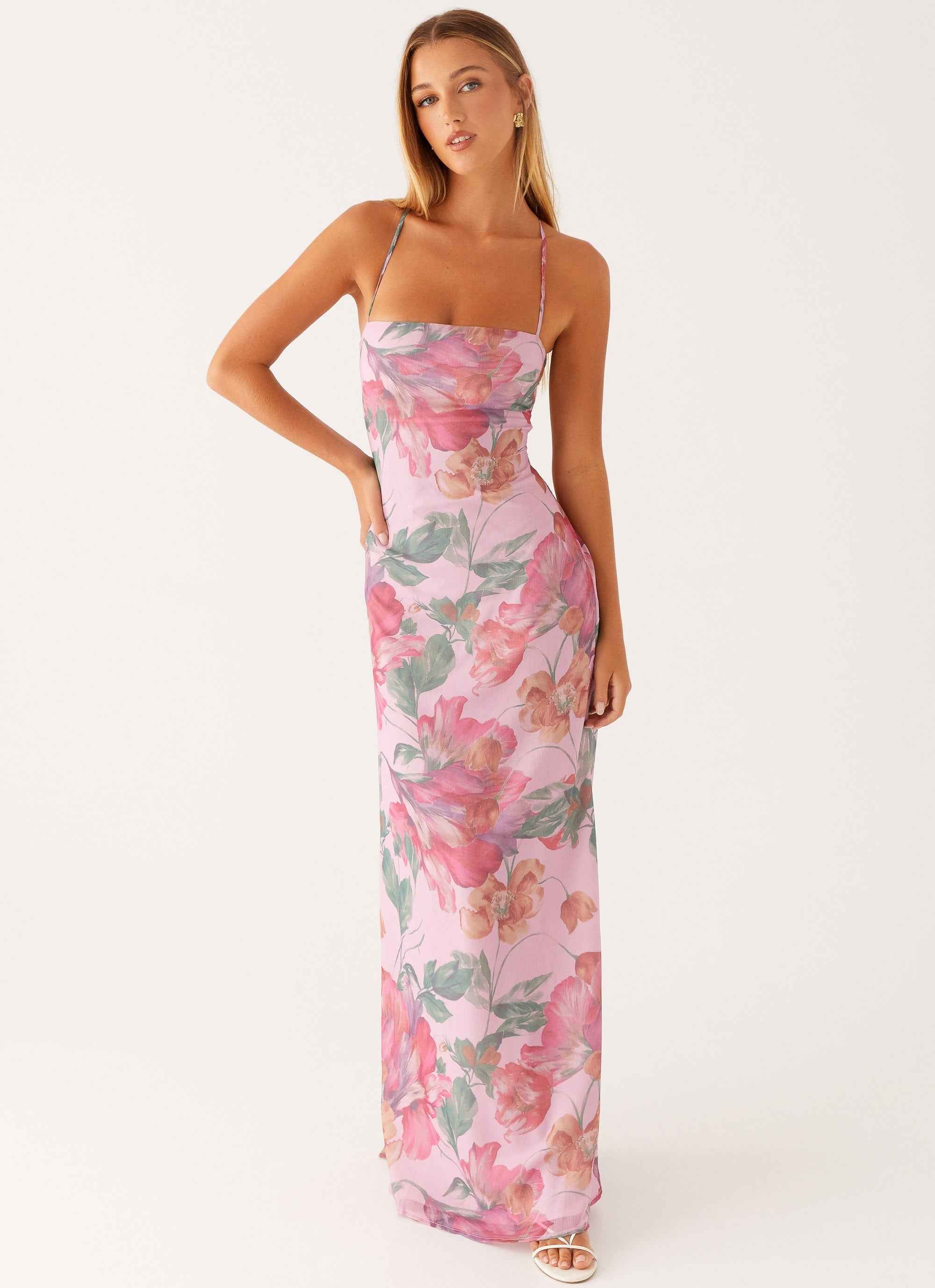 Peggy Maxi Dress - Pink Floral Criss-Cross Straps
