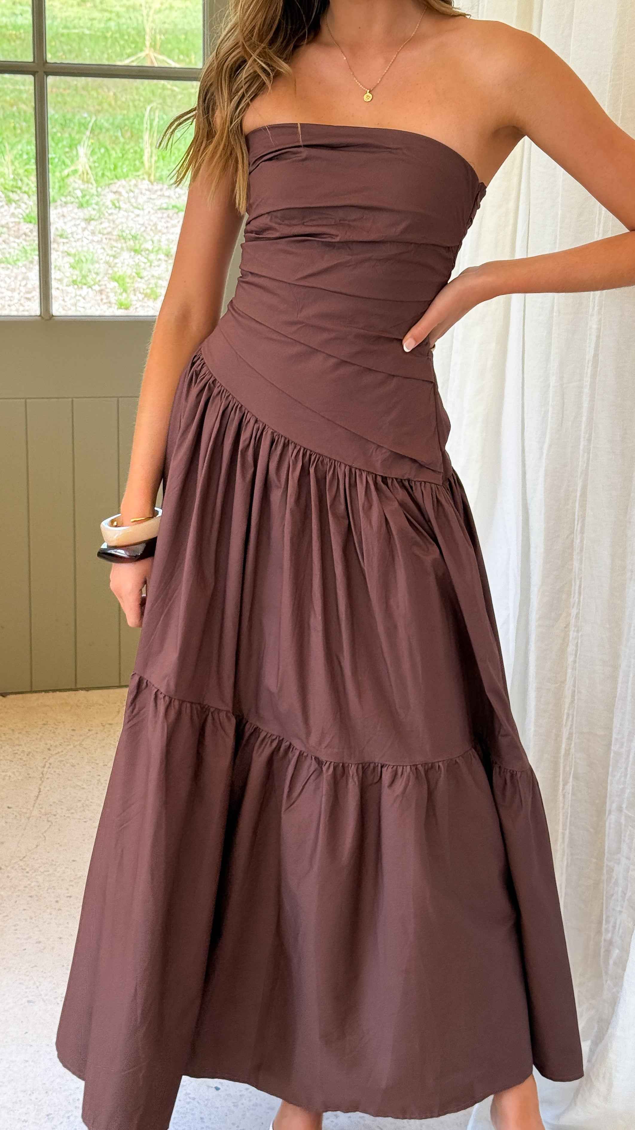 STRAPLESS RUCHED MAXI EVENING DRESS