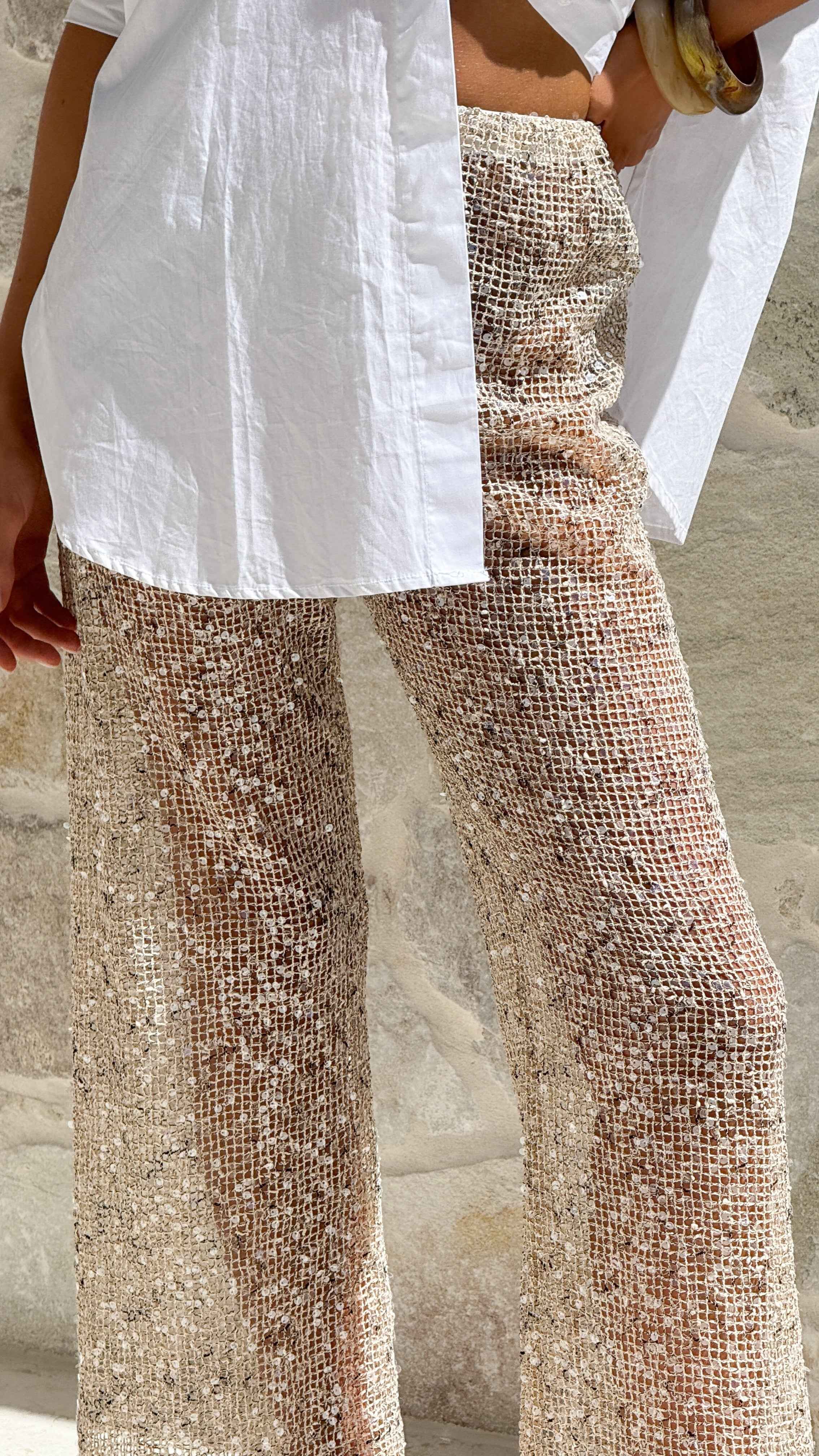 SEQUIN SHEER MIDI EVENING CASUAL PANTS