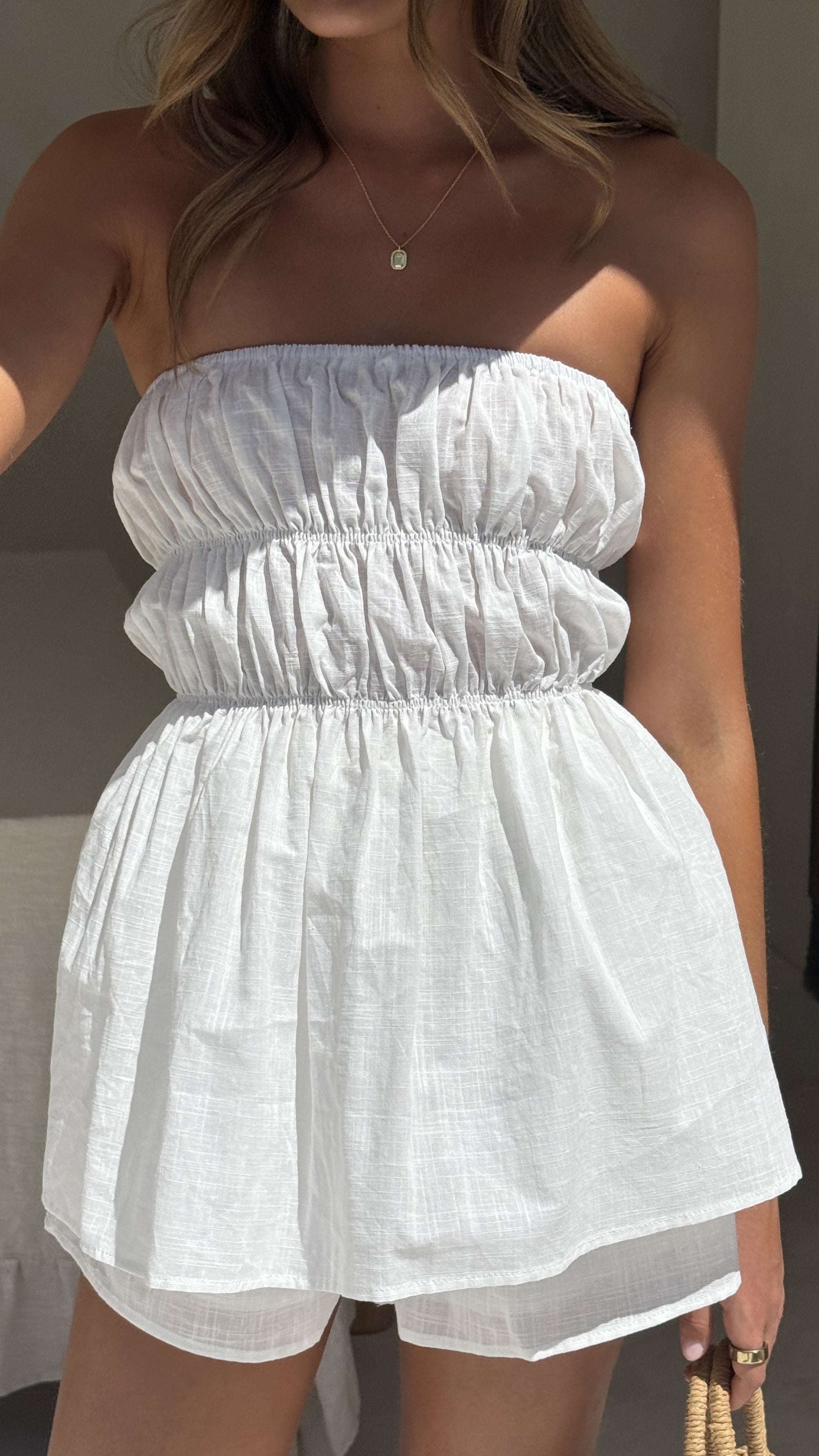 Kamala White Strapless Cinch Top and Shorts Ensemble
