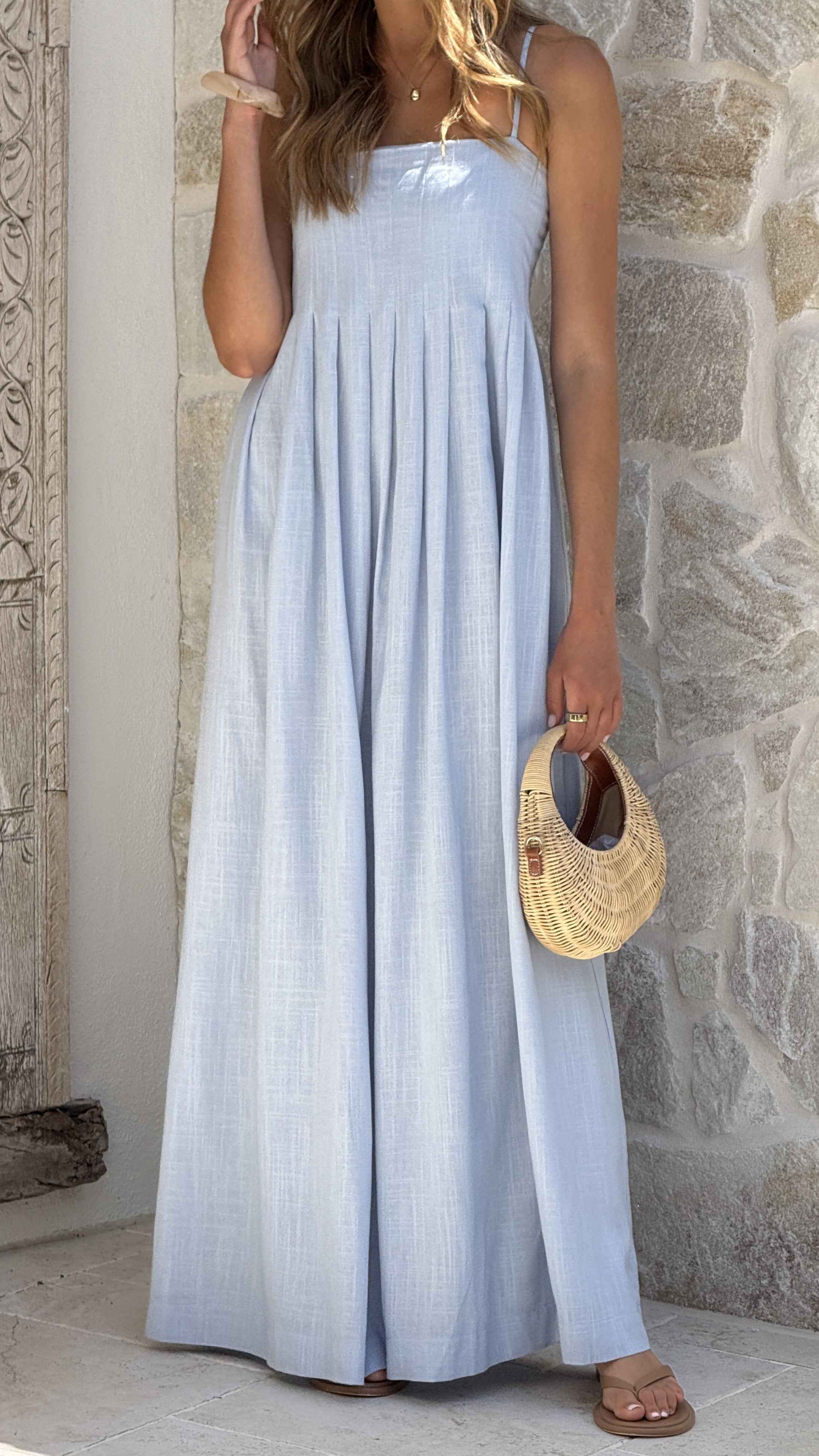 PLEATED SHIRRED MAXI CASUAL SUMMER DRESS