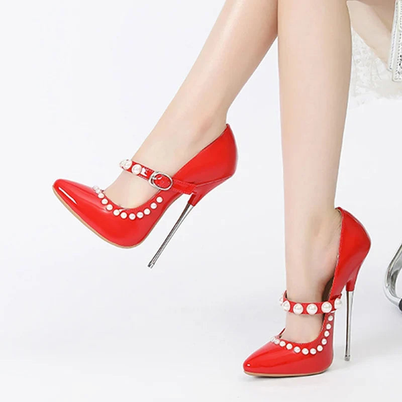 Design Pearls Buckle Strap Patent Leather Women Pumps