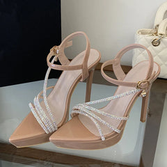 Designer Rhinestone Narrow Band Pointed Open Toe Black High Heels Platform Sandals