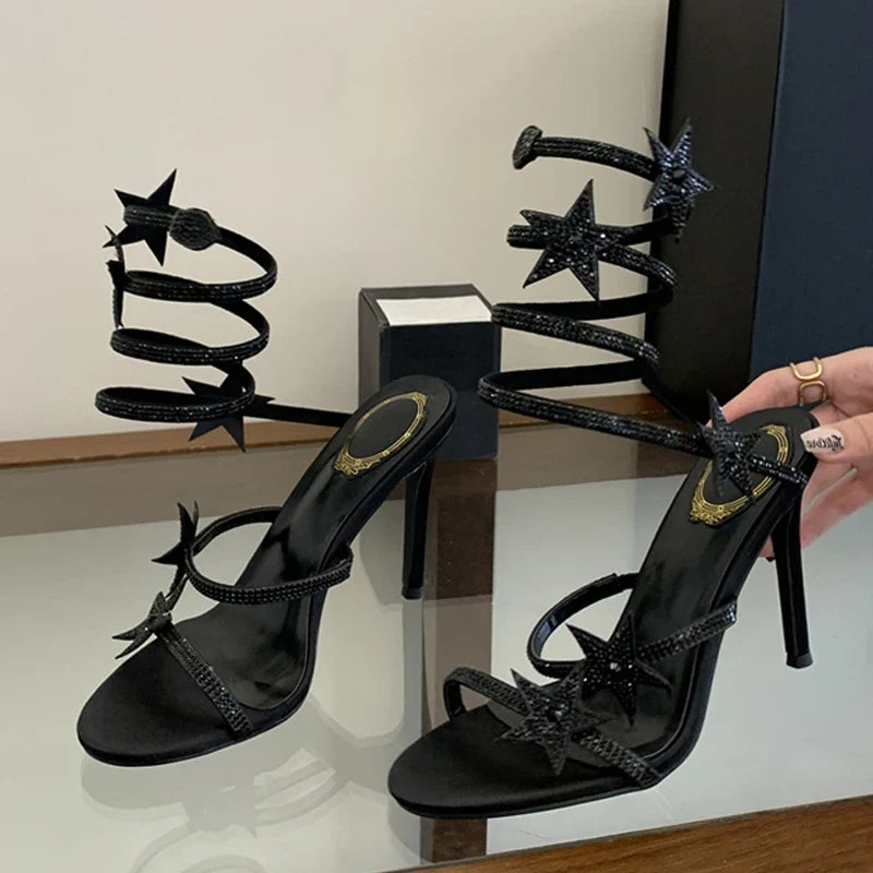 Rhinestone Pentagram Shape Ankle Strap Sandals