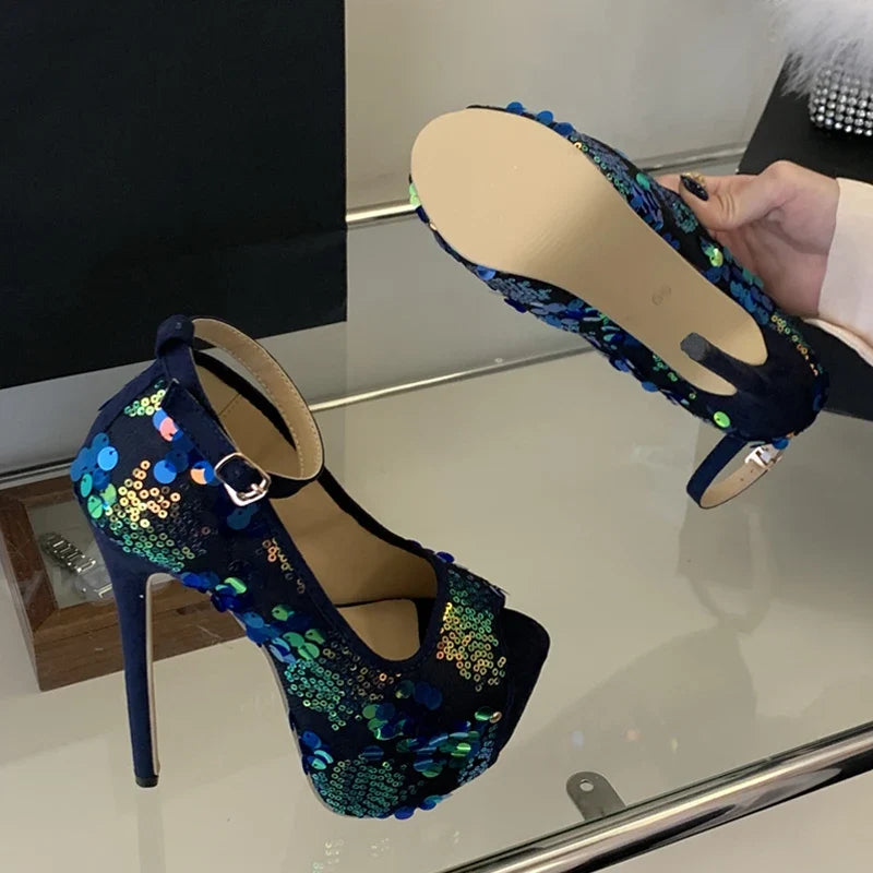 Sexy Peep Toe 17CM Extreme High Heels Party Club Stripper Shoes Mixed Colors Sequined Platform Pumps