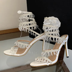 Elegant Women Wedding Banquet Shoes Crystal Pendant Ankle Strap Stiletto Sandal Sexy Open Toe Stripper Heels White