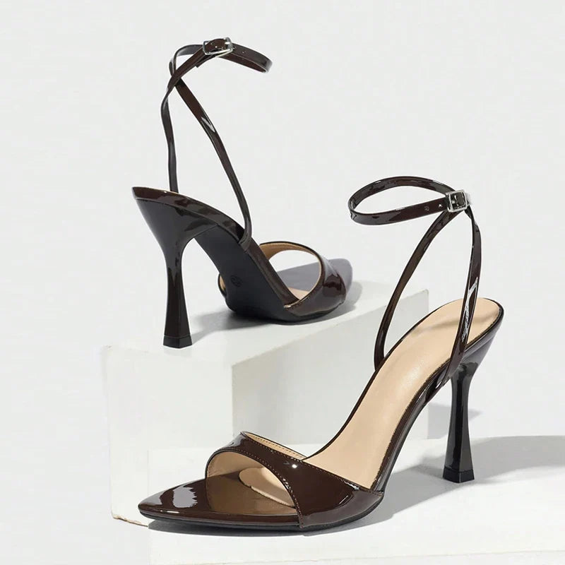 Brown Patent Leather Ankle Strap Sandals