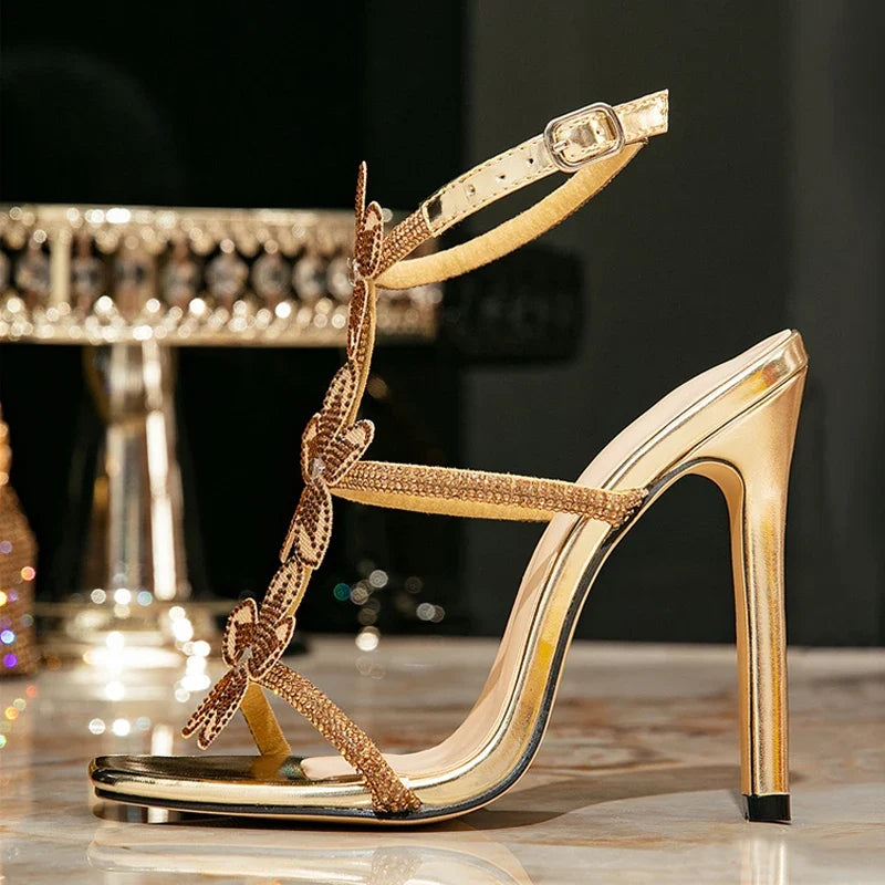 Summer Crystal Rhinestone Flower Ankle Strap Gold Sandals
