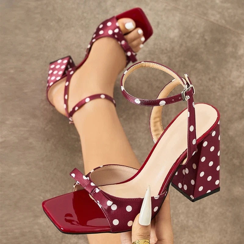 Summer Polka Dot Silk Thick High Heels Gladiator Sandals