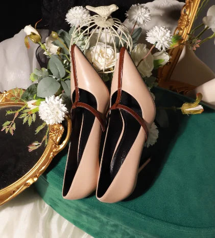 Style High Heels Women's Thin Heels T-shaped Straps Sexy Black Pointed Single Shoes Color blocked Splicing Single Shoes