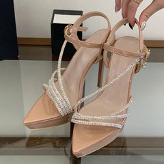 Designer Rhinestone Narrow Band Pointed Open Toe Black High Heels Platform Sandals