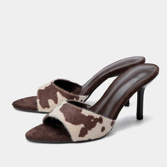 Designer Retro Brown Suede Women Slipper Sandal Round Open Toe Thin High Heels Mule Slides Summer Party Dress Shoe